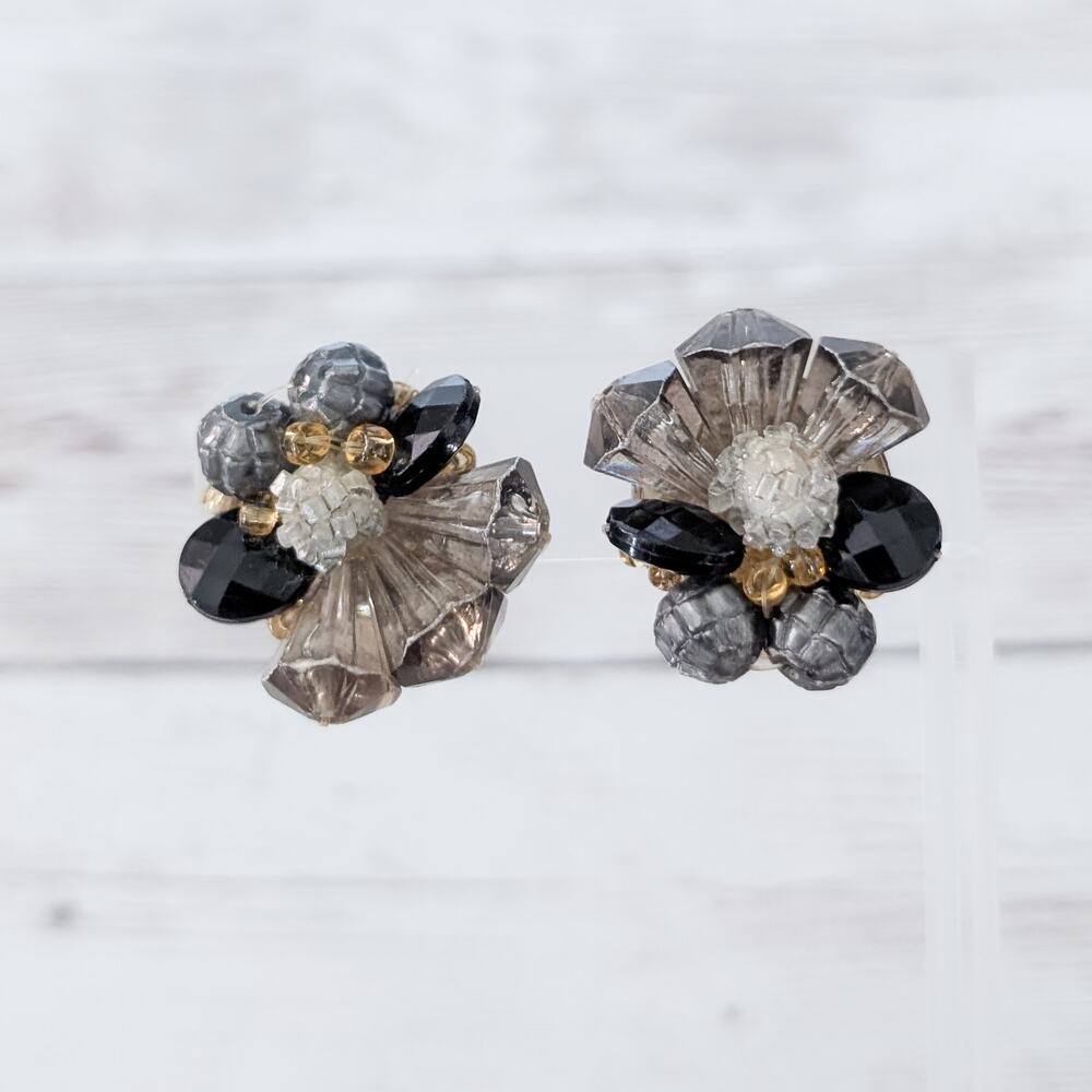 Vintage Clip On Earrings Unusual Dark Tones Cluster Large Statement